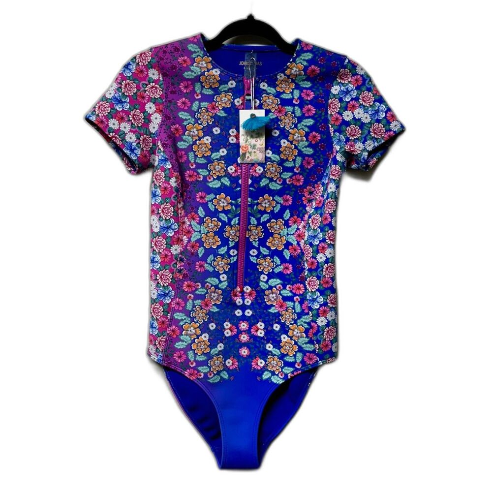 NWT JOHNNY WAS Colorblast Floral Neoprene One Piece, Blue/Pink, Sz S